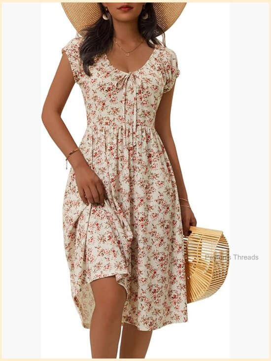 Dresses & Skirts - Women's Casual Midi Dress with Pockets V Neck Puff Sleeve A-Line Sundress